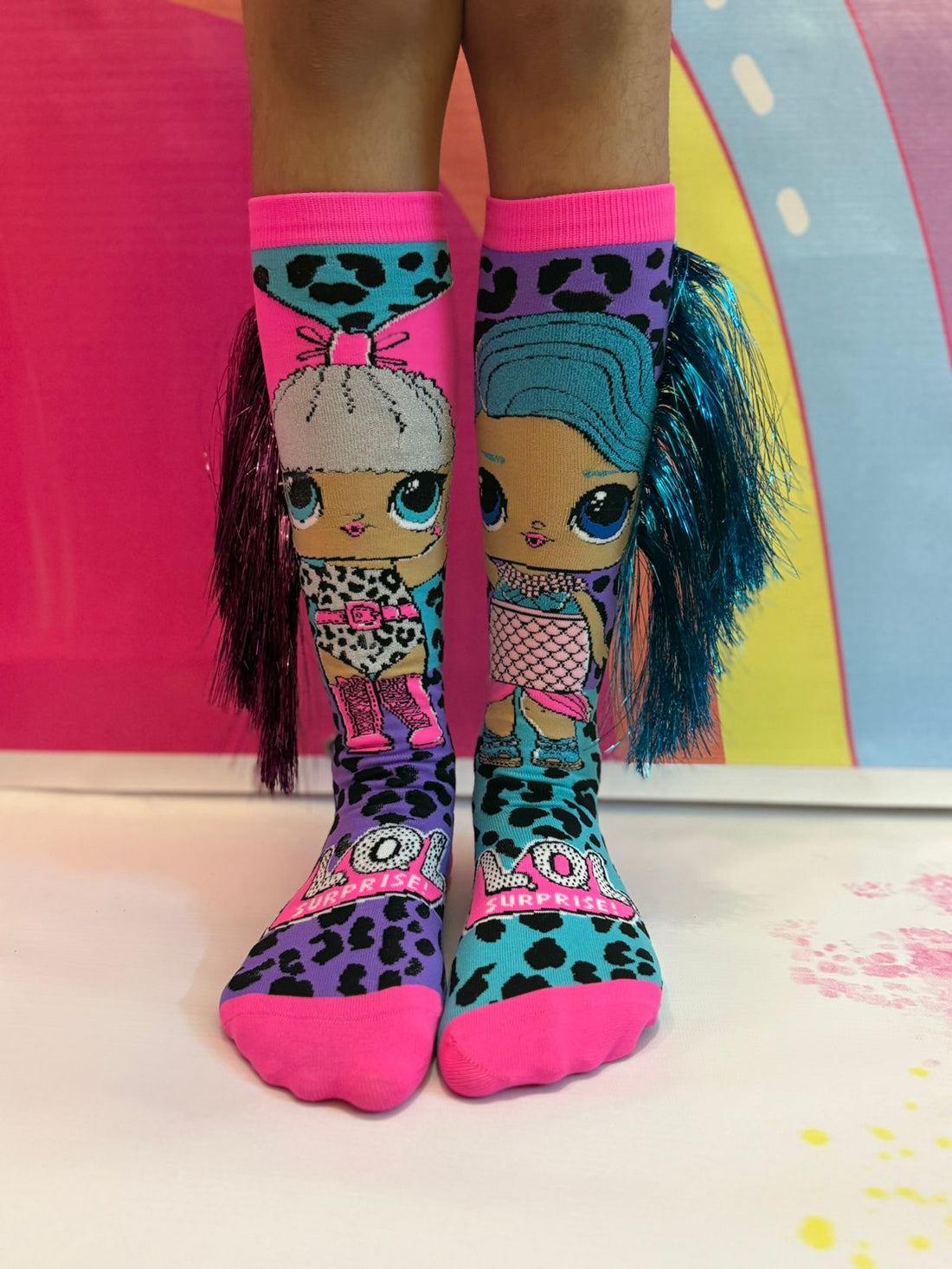 Wild Style LOL Surprise! Knee-High Socks for Kids | 3D Tinsel Hair & Leopard Print